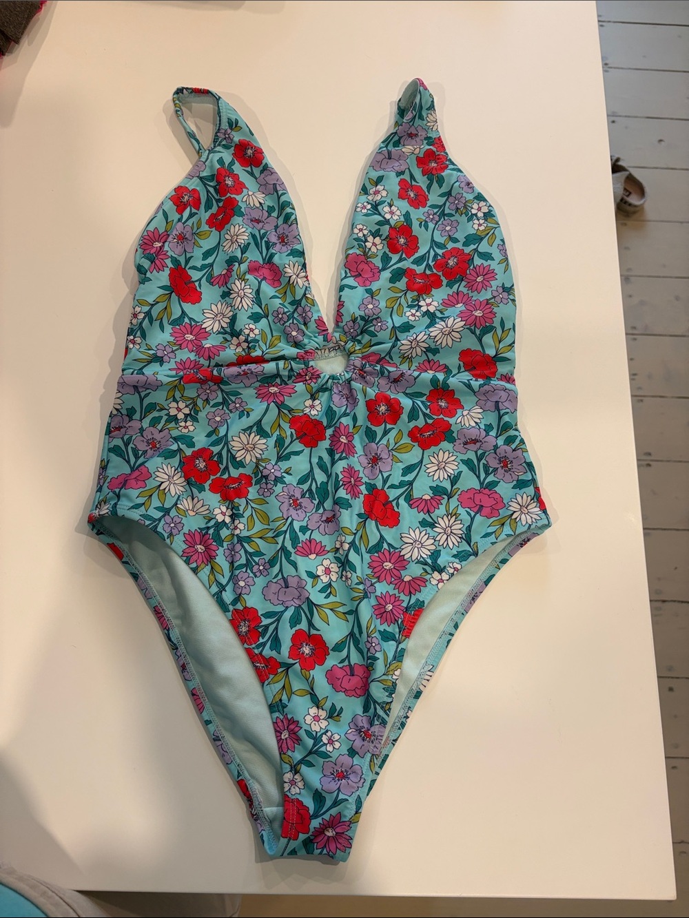 Womens Floral One-Piece Swimsuit, Turquoise with Red & Purple Flowers